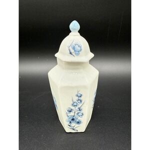 Vintage‎ Enesco Fine Bone China Hexagonal Lid Jar 1979 Blue Floral Small Ginger